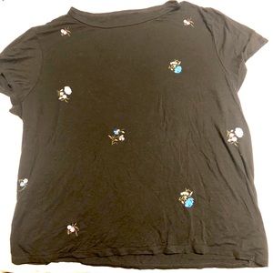 Dark black t shirt with floral embroidery